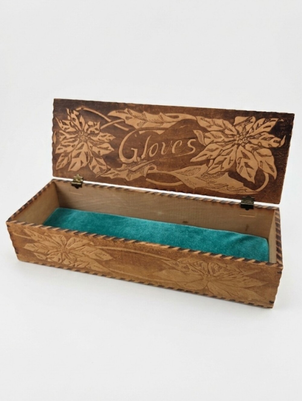 Antique Pyrography Wooden Glove Box Poinsettia Decor C. 1920 Handmade